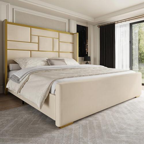 Uteeran King Size Bed Frame with 55.12" Tall Headboard, Modern Luxury Velvet Upholstered Platform Bed with Gold Trim, Wide Wingback Design, Noise-Free, Easy Assembly, No Box Spring Needed, Beige