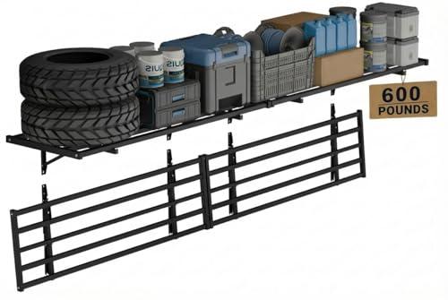 FLEXIMOUNTS Fold-Down 2x4ft Garage Wall Shelving, 4-Pack Heavy Duty Folding Garage Shelving Wall Mounted, 600 lbs Capacity, Storage for Power Tools, Garden Supplies & Seasonal Storage, Lite Series