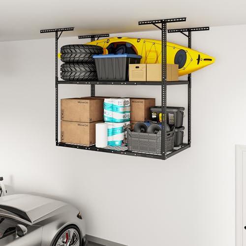 FLEXIMOUNTS 3x6ft 2-Tier Garage Ceiling Storage Rack, Adjustable Overhead Garage Storage System, Heavy Duty Metal Shelving, 880lbs Capacity, Ideal for 9–15ft High Ceilings, Black