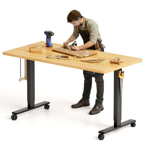 FLEXISPOT Electric Adjustable Workbench, 55x28 Inches Ergonomic Worktable with Wheels for Garage, Workshop, Office and Home, Spacious Desktop for Woodworking Sewing and Crafts, Maple, 3 Packages