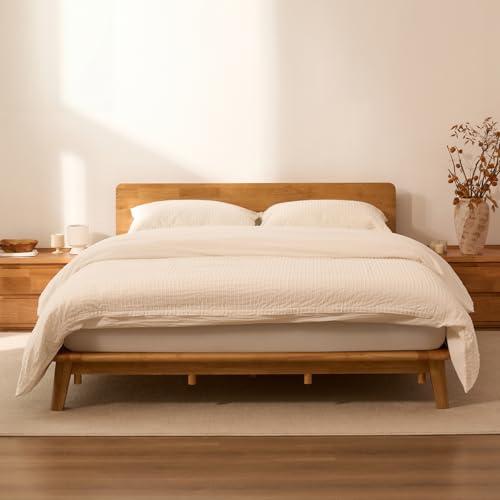 FLEXISPOT Hako G1 1500Ibs Solid Wood Platform Bed Frame King,Rubberwood,Tool-Free Fast Assembly,Low Profile Floating,Storage Shelf&Charging Station,Modern Scandinavian Japanese Minimalist, Natural Oak