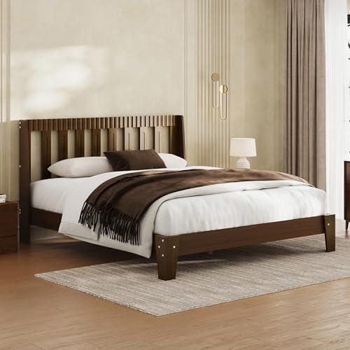 Uteeran Queen Size Wood Bed Frame, Fluted Tall Headboard with Curved Wings, Mid-Century Modern Platform Bed Frame with Wood Slats Support, No Box Spring Needed, Noise-Free, Easy Assembly, Walnut Brown