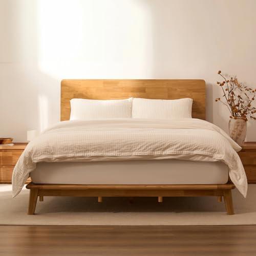 FLEXISPOT Hako Solid Wood Platform Bed Frame Queen,Rubberwood,Tool-Free Fast Assembly,Low Profile Floating,Storage Shelf&Charging Station,Modern Scandinavian Japanese Minimalist,Heavy Duty,Natural Oak