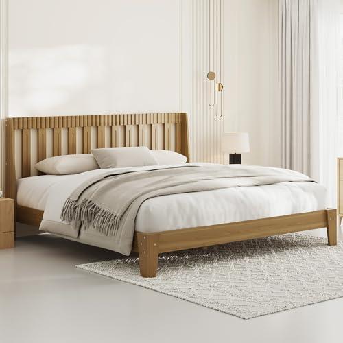 Uteeran King Size Wood Bed Frame, Fluted Tall Headboard with Curved Wings, Mid-Century Modern Platform Bed Frame with Wood Slats Support, No Box Spring Needed, Noise-Free, Easy Assembly, Honey Oak