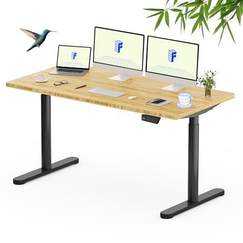 FLEXISPOT Solid Wood Standing Desk, One-Piece Real Wood Desktop, Electric Height Adjustable Desk for Home Office, 176 LBS Capacity (60"x30" Bamboo, Black Oval Legs)