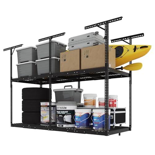 FLEXIMOUNTS 3x8 2-Tier Overhead Garage Storage Rack – Adjustable Heavy Duty Metal Garage Ceiling Storage Racks, 1000 lbs Capacity – Garages Organization System for 9–15 ft Tall Garages, Black