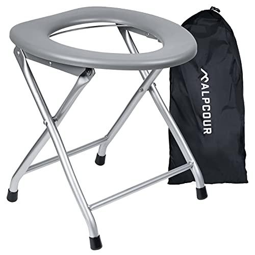 Alpcour Portable Toilet Seat – Compact Lightweight Indoor & Outdoor Commode w/Built-In Bag Hooks & Travel Bag – Heavy-Duty Stainless-Steel Chair is Durable & Convenient For Camping, Travel & Emergency