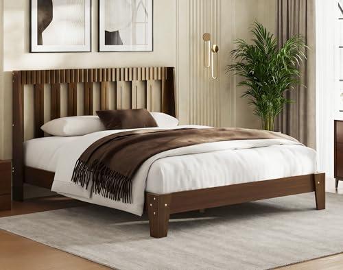 Uteeran Queen Size Wood Bed Frame, Fluted Tall Headboard with Curved Wings, Mid-Century Modern Platform Bed Frame with Wood Slats Support, No Box Spring Needed, Noise-Free, Easy Assembly, Brown