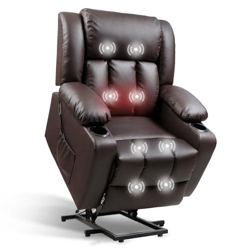 FLEXISPOT XL31 Power Lift Recliner Chair for Elderly, Electric Lift Chair with Massage & Heat, PU Leather Reclining Sofa w/Cup Holders for Living Room Bedroom, FSC Certified(Medium Size,Brown)
