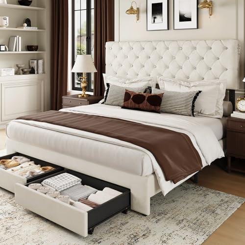 Belffin Full Bed Frame with Storage Drawer and Diamond Adjustable Tall Headboard, Modern Velvet Platform Bed Frame with Wingback Design, No Box Spring Needed, Easy Assembly, White