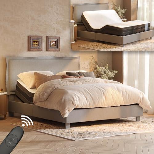 FLEXISPOT All-in-One Adjustable Bed Frame with Upholstered Flange Edge Headboard & Bamboo Mattress–Queen,Synchronized Head&Foot Lift for Relaxation–5Y Motor&10Y Frame & Mattress Warranty,Light Grey