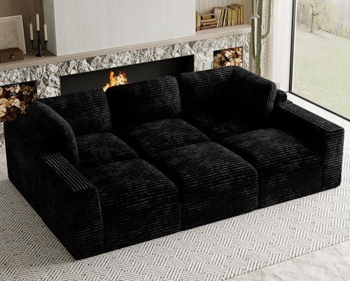 Uteeran Cloud Sectional Sleeper Sofa Bed 6-Seater Plush Corduroy Modular Sectional Sofa Couches for Living Room with Ottoman. Black Couch.