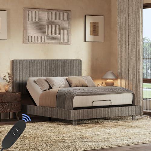 FLEXISPOT Queen All-in-One Adjustable Bed with Velvet Upholstered Bed Frame, Vertical Channel Fluted Headboard, Head & Foot Lift, Adjustable Headboard, Thick Foam Padding, Easy Assembly, Dark Grey