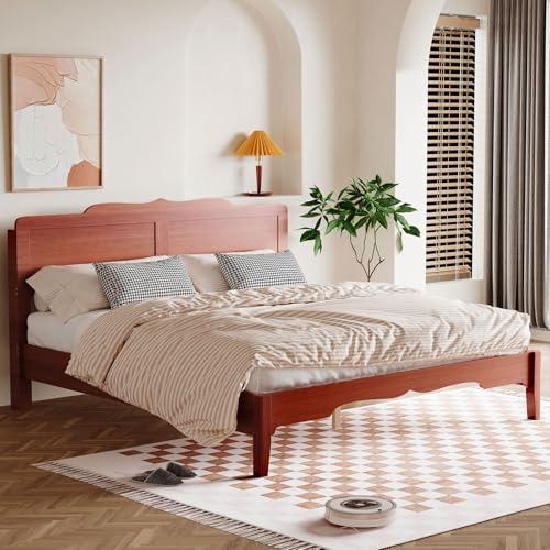 Uteeran Queen Bed Frame with 47'' Headboard, Wooden Japanese Platform Bed with Wood Slats, Modern Bed Frame with Storage&Charging Station, Easy Assembly, Noise Free, Brown