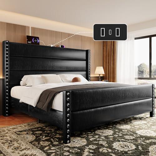 Uteeran King Size Bed Frame with Storage Shelf & Charging Station, 55" Tall Headboard & 25.6" Footboard, Faux Leather Upholstered Platform Bed with Big Rivets Wingback, Heavy Duty & Noise-Free, Black