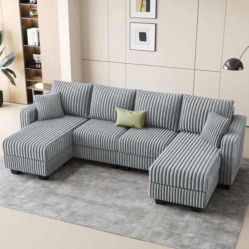 Belffin U Shaped Couch with Reversible Chaises Sectional Couches for Living Room Sectional Couch with Ottomans Corduroy (Light Grey, U Shaped)