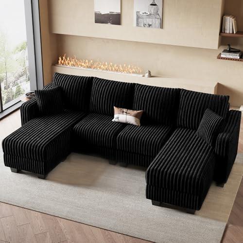 Belffin U Shaped Couch with Reversible Chaises Sectional Couches for Living Room Sectional Couch with Ottomans Corduroy (Black, U Shaped)