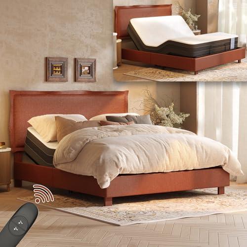 FLEXISPOT All-in-One Adjustable Bed Frame with Upholstered Flange Edge Headboard & Bamboo Mattress–Queen,Synchronized Head & Foot Lift for Relaxation–5Y Motor & 10Y Frame & Mattress Warranty,Orange