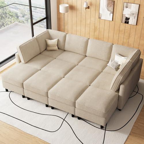 Belffin 110.2" 12 Seats Modular Sectional Sofa Sleeper Sofa Big Washable Sectional Couches for Living Room Comfy Couches with Storage Deep Seat Couch Sofas with Chaise,Beige
