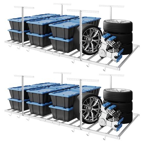 FLEXIMOUNTS 4x8 Overhead Garage Storage Rack with 6 Hooks, Adjustable Storage Organization System, Heavy-Duty Metal Ceiling Racks, 22.6" -39.4" Ceiling Dropdown, 2 Pack, White, Lite Series