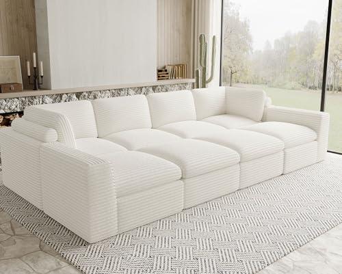 Uteeran Boneless Modular Sectional Sleeper Sofa Bed Plush Corduroy Cloud Sectional Couches for Living Room with Deep Seat. White Couch.