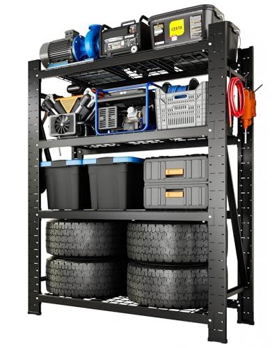 FLEXIMOUNTS 10000LBS Heavy Duty Garage Shelving, 49.6" W Industrial Storage Racks with 4 Hooks, 4-Tier Metal Shelves for Garage Basement Warehouse, 71" H x 49.6" W x 23.6" D