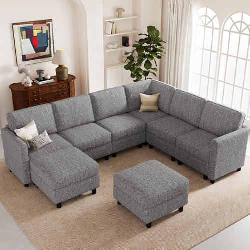 Belffin 107.1" 8 Seats U Shaped Couch Modular Sectional Sofa Seat Couch with Storage Comfy Washable Sectional Couches for Living Room Sofas Set with Chaise,Grey