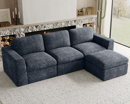 Uteeran Plush Corduroy Cloud Sectional Couches for Living Room Boneless Modular Sectional Sofa Convertible 3-Seater L Shaped Couch with Ottoman. Grey Sofa.