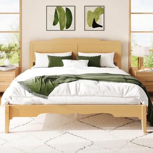 Uteeran King Bed Frame and Headboard, Wooden Platform Bed with Wood Slats Support, Modern Bed Frame with Storage&Charging Station, No Box Spring Needed, Easy Assembly, Noise Free, Natural