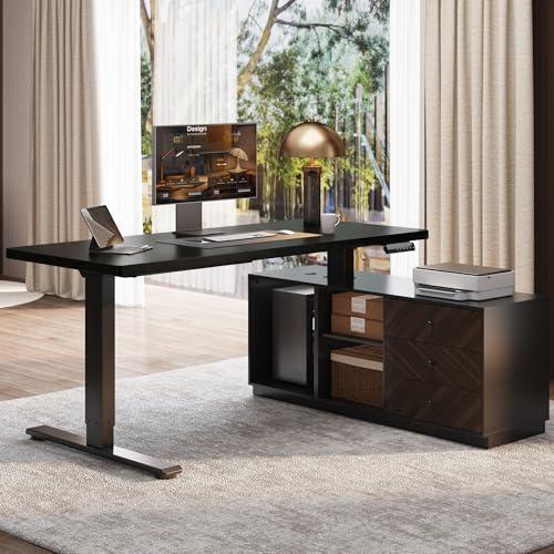 FLEXISPOT 55" L Shaped Executive Standing Desk with Storage & PC Case, Secretary Desk with Dual Motor Lift, 222 LBS Capacity, 1" Thick Desktop, Idea for Home Office, Black, 3 Packages