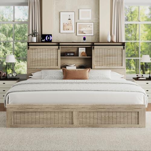 Uteeran King Size Bed Frame with Storage Headboard, Sliding Barn Door, Wood Platform Bed with Reading Light and Charging Station, Wood Slats Support, Easy Assembly, Noise-Free, Light Rustic Oak