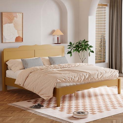 Uteeran Queen Bed Frame with 47'' Headboard, Wooden Japanese Platform Bed with Wood Slats, Modern Bed Frame with Storage&Charging Station, Easy Assembly, Noise Free, Natural