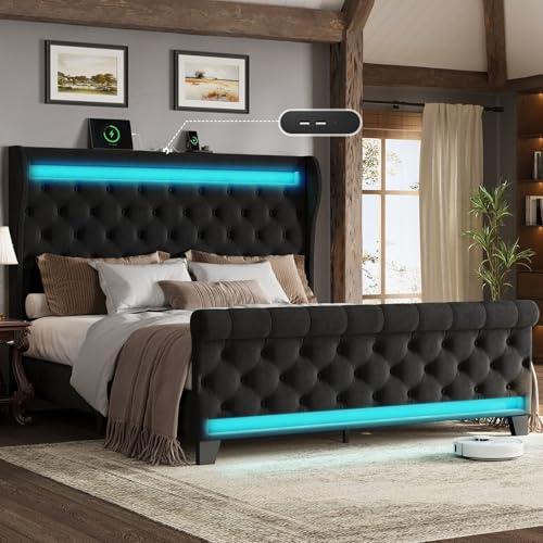 Belffin King Size Bed Frame with Headboard,50" Tall Headboard Upholstered Velvet Platform Bed with LED Lights & 2 USB Port/1 Type C Port, Button Tufted, No Box Spring Needed,Noise Free,Black