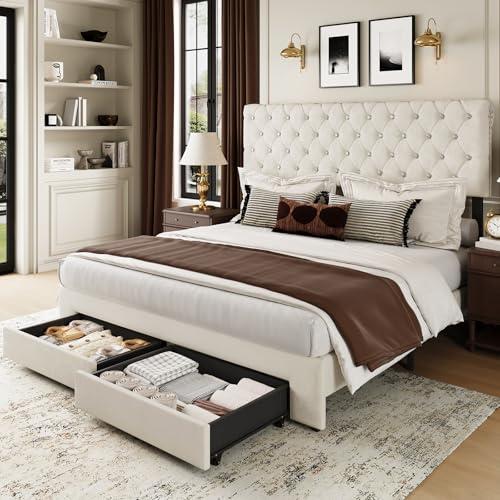 Belffin Queen Bed Frame with Storage Drawer and Diamond Adjustable Tall Headboard, Modern Velvet Platform Bed Frame with Wingback Design, No Box Spring Needed, Easy Assembly, White