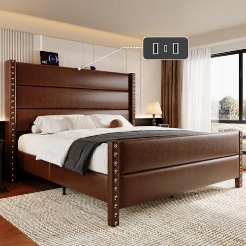 Uteeran Queen Bed Frame with Storage Shelf & Charging Station, 55" Tall Headboard & 25.6" Footboard, Faux Leather Upholstered Platform Bed with Big Rivets Wingback, Heavy Duty & Noise-Free, Brown