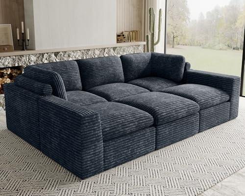Uteeran Cloud Sectional Sleeper Sofa Bed 6-Seater Plush Corduroy Modular Sectional Sofa Couches for Living Room with Ottoman. Grey Couch.