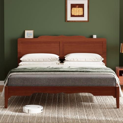 Belffin King Size Bed Frame and 47'' Headboard, Wooden Japanese Platform Bed with Wood Slats, Modern Bed Frame with Storage&Charging Station, Easy Assembly, Noise Free, Brown