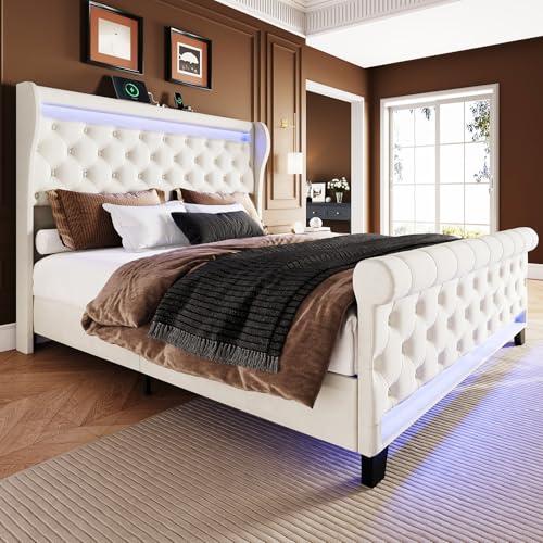 Belffin King Size Bed Frame with Headboard,50" Tall Headboard Upholstered Velvet Platform Bed with LED Lights & 2 USB Port/1 Type C Port, Button Tufted, No Box Spring Needed,Noise Free,Beige