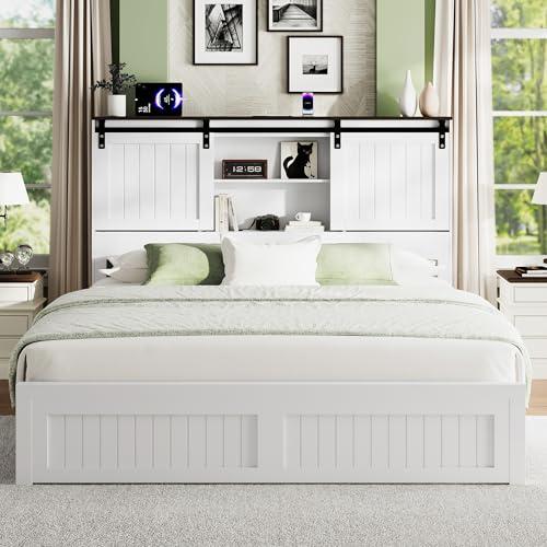 Uteeran Queen Size Bed Frame with Storage, Sliding Barn Door, Farmhouse Wood Platform Bed with Reading Light and Charging Station, Wood Slats Support, Easy Assembly, Noise-Free, Antique White