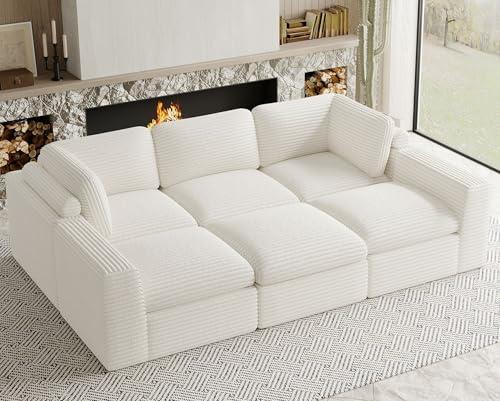 Uteeran Cloud Sectional Sleeper Sofa Bed 6-Seater Plush Corduroy Modular Sectional Sofa Couches for Living Room with Ottoman. White Couch.