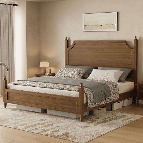 Belffin Wood Queen Size Bed Frame with Curved Headboard, Vintage Platform Bed, Traditional Four Poster Bed with 12 Solid Wooden Slats Support, Noise Free, No Box Spring Needed, Easy Assembly, Brown