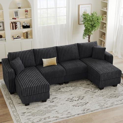 U Shaped Couch with Ottomans, Reversible Chaise Sectional, Dark Grey Corduroy