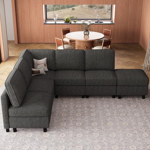 Belffin 107.1" 6 Seats L Shaped Couch Modular Sectional Sofa Seat Couch with Storage Comfy Washable Sectional Couches for Living Room Sofas with Chaise,Dark Grey