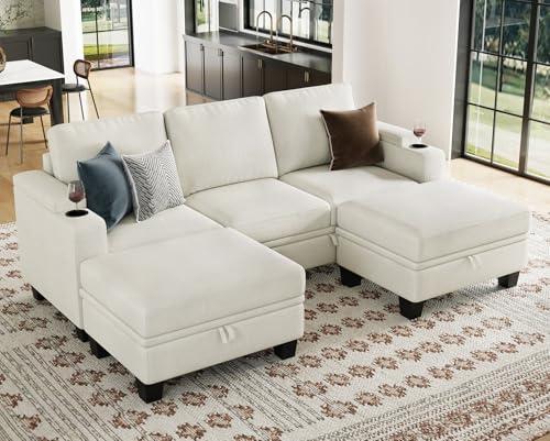Belffin Small Corner Modular Sectional Couches for Living Room U Shaped Couch with Cup Holder White Couch