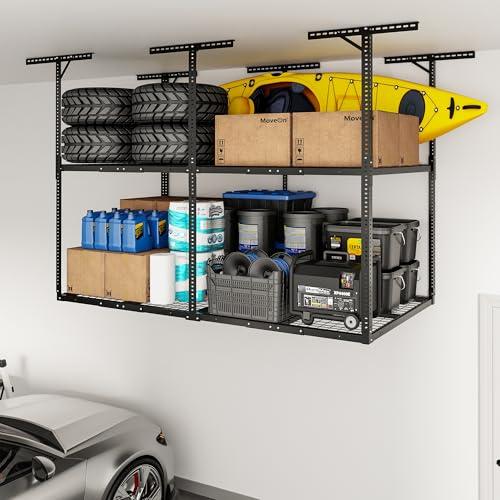 FLEXIMOUNTS 4x8 2-Tier Garage Ceiling Storage Rack, Adjustable Overhead Garage Storage System, Heavy Duty Metal Shelving, 1000 lbs Capacity, Ideal for 9–15 ft High Ceilings, Black