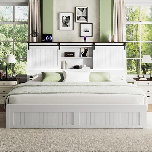 Uteeran King Size Bed Frame with Storage Headboard, Sliding Barn Door, Wood Platform Bed with Reading Light and Charging Station, Wood Slats Support, Easy Assembly, Noise-Free, Antique White