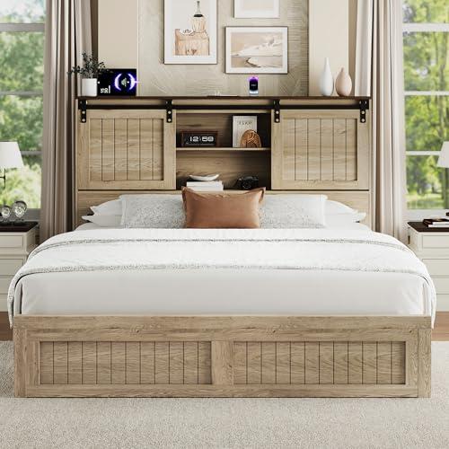 Uteeran Queen Size Bed Frame with Storage, Sliding Barn Door, Farmhouse Wood Platform Bed with Reading Light and Charging Station, Wood Slats Support, Easy Assembly, Noise-Free, Light Rustic Oak