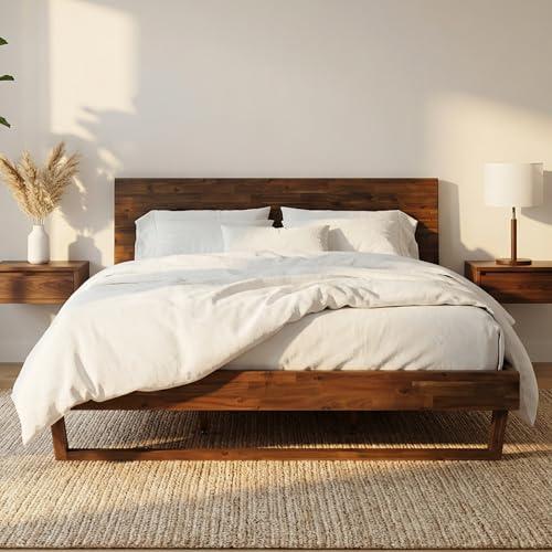 FLEXISPOT Hako King Solid Acacia Wood Platform Bed Frame with Storage Headboard, 1500 lbs Heavy Duty, Tool-Free Quick Assembly, SGS Certified, Sherwin-Williams Finish, Walnut Brown, 10-Year Warranty