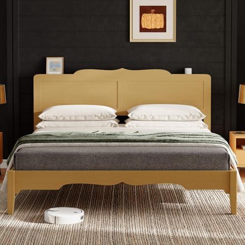 Belffin Queen Bed Frame with 47'' Headboard, Wooden Japanese Platform Bed with Wood Slats, Modern Bed Frame with Storage&Charging Station, Easy Assembly, Noise Free, Natural