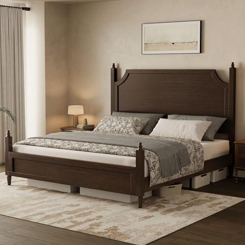 Belffin Wood Queen Size Bed Frame with Curved Headboard, Vintage Platform Bed, Traditional Four Poster Bed with 12 Solid Wooden Slats Support, Noise Free, No Box Spring Needed, Easy Assembly, Walnut